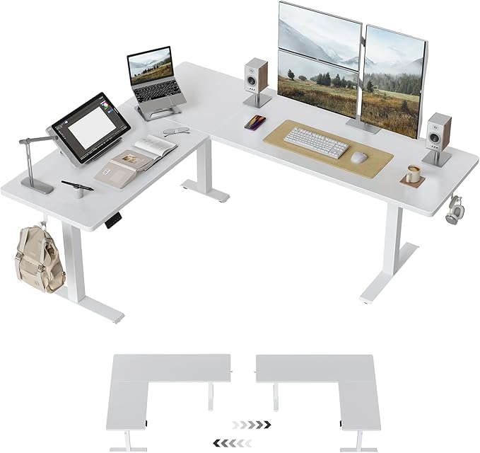 CubiCubi L Shaped Standing Desk 75 x 63 Inch Adjustable Height, Electric Corner Desk, Sit Stand Home Office Desk with Splice Board, White(2 Packages)