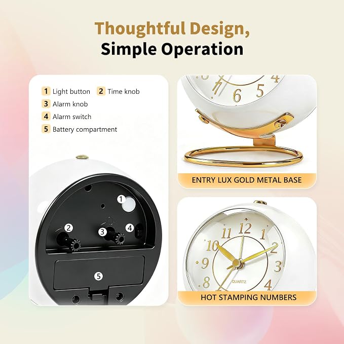 Analog Alarm Clock, Retro Small Desk Clock with Night Light, Backlight Cute Simple Metal Design, Silent Non-Ticking, Battery Powered, for Bedroom,Travel,Kitchen,Bedside Desktop Decor