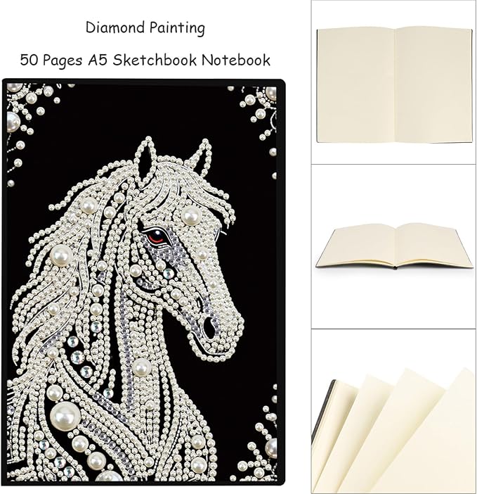 FRANDEK Pearl Painting Notebook Kit, Black and White Horse A5 DIY Journal with 50 Blank Pages, Diamond Gem Art Cover with Waterproof Canvas, Beginner Craft Set with Full Tools for Adults