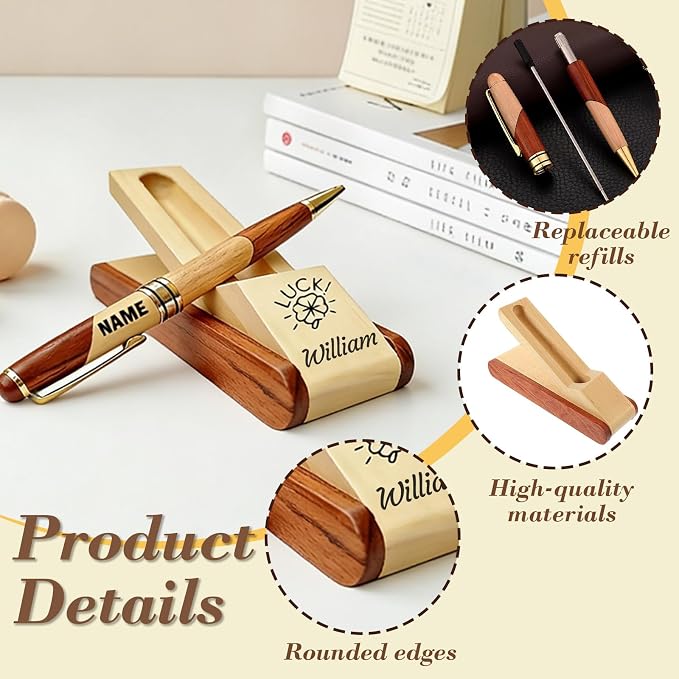 ZFN Custom Wooden Ballpoint Pen Set—personalized engraving names text logos for men mentors friends lawyers doctors teachers students (Beech wood color)
