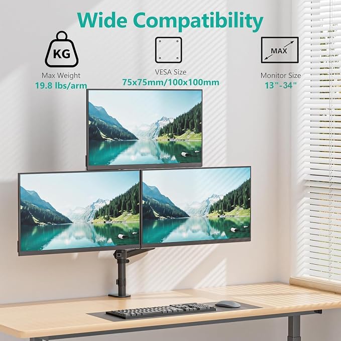 WALI Stacked Triple Monitor Mount for 13-34 inch Screens, 19.8 lbs per Arm | 3 Monitor Desk Mount, Full Motion with Tilt, Swivel, Rotation, C-Clamp & Grommet Base, VESA 75/100mm (GSDM003XL), Black