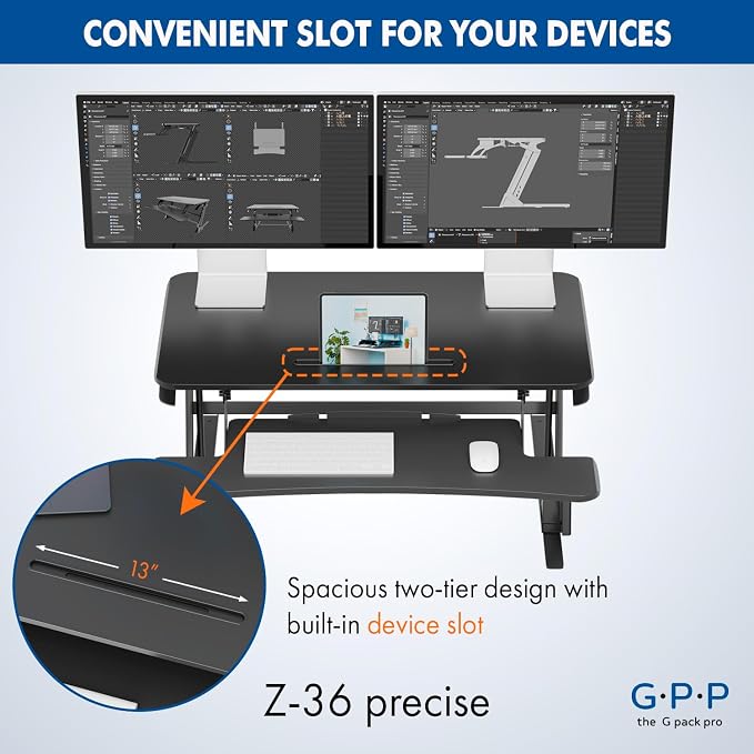 36″ Wide Standing Desk Converter – Sit-to-Stand Workstation for Dual Monitors, Height Adjustable Up to 17.3″ with Large Keyboard Tray – Black