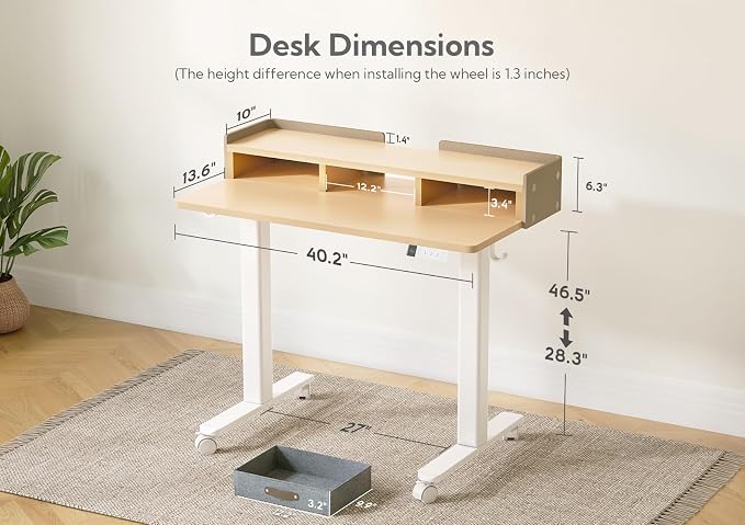 Claiks Standing Desk with Drawers, Adjustable Stand Up Electric Small Standing Desk Adjustable Height with Storage Shelf and Splice Board, 40 Inch, Natural