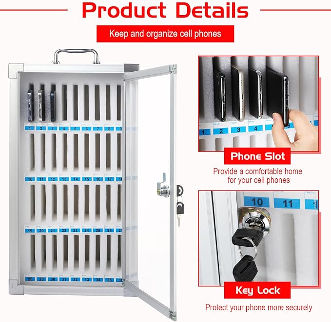 Amylove Cell Phone Locker Cabinet Aluminum Alloy Pocket Chart Storage Locker Box Cabinet Wall-Mounted Cell Phones Storage Box with Handle for Office Classroom Gym(Black,36 Slots)