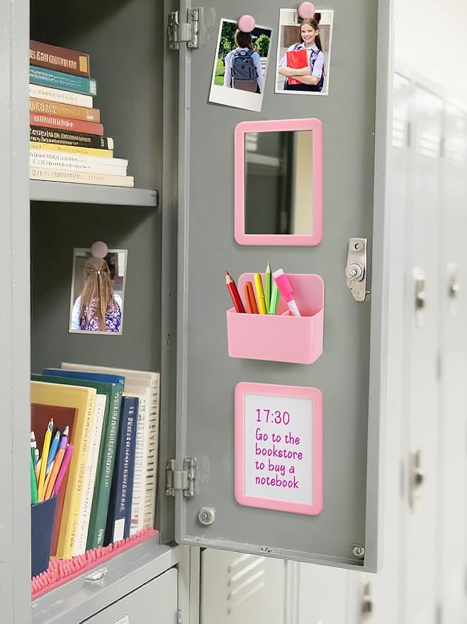 Locker Accessories Kit - 9 Pcs Light Pink Locker Organizer Stuff for Girls, Back to School Supplies Include Locker Rug Magnetic Whiteboard Mirror Dry Erase Marker Holder and More Decor Essentials