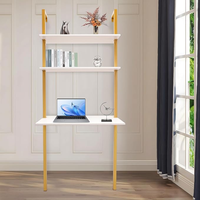 3-Shelf Industrial Wall Mount Ladder Desk, Small Computer or Writing Desk Gold and White for Homes Office School Small Spaces (30"x20"x73")