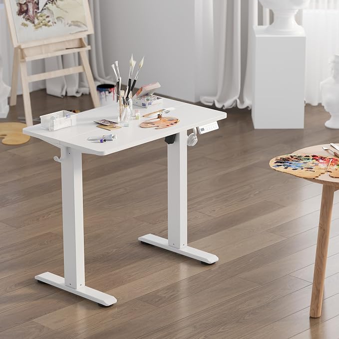 Claiks Electric Small Standing Desk, 35x20 Inch, White | Adjustable height for sit-stand, 156lbs capacity, scratch-resistant surface, 3 memory presets, cable management & hook.