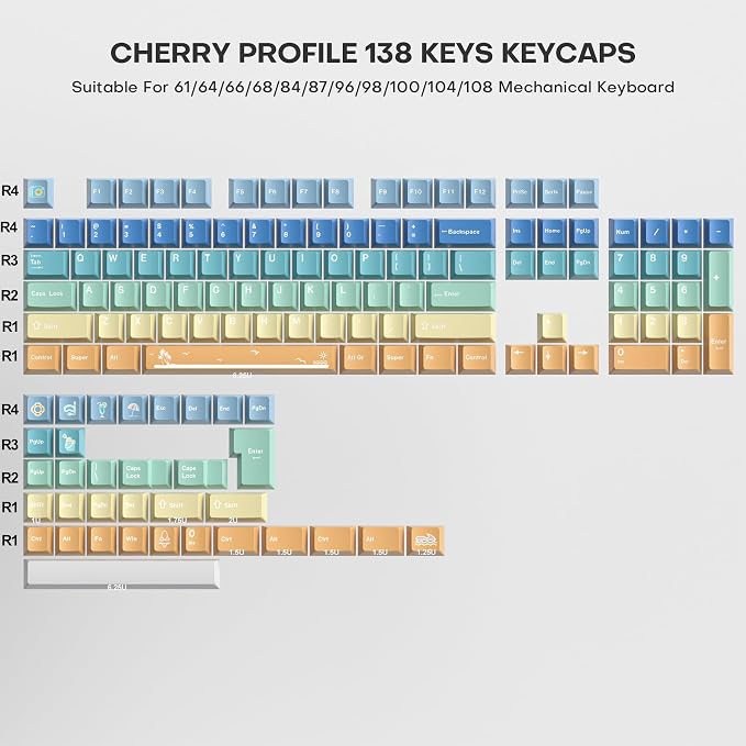 Fogruaden PBT Gradient Keycaps Dye-Sublimation Cute Keycaps, Cherry Profile, 138 Keys Custom Keycap Set for Mechanical Keyboard(SandyBeach)