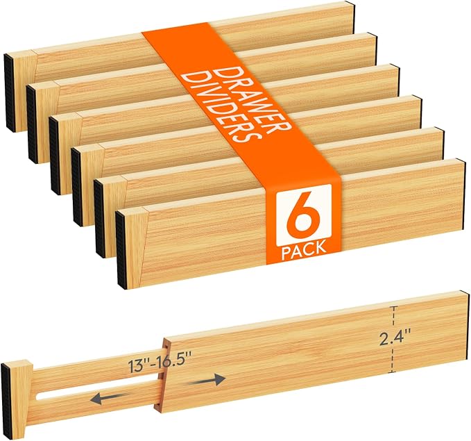 Lifewit 2.4" High 6 Pack Bamboo Drawer Dividers 33-42cm/13-16.5" Adjustable Wooden Drawer Organizer for Clothes/Utensils, Expandable Drawer Separator for Dresser/Kitchen/Bedroom/Office Organization