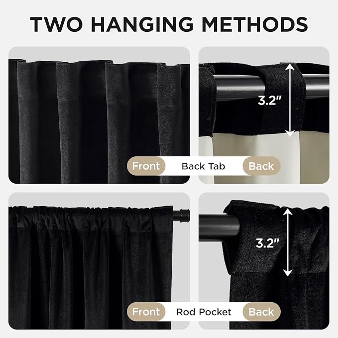 Joydeco Black 100% Blackout Curtains 108 Inch 2 Panels, Luxury Thermal Insulated Black Velvet Curtains for Bedroom Living Room, Soundproof Blackout Window Drapes, Rod Pocket & Back Tab (62W x 108L)