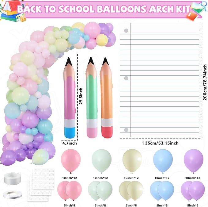 Welcome Back to School Party Decor Rainbow Balloons Arch Kit with Pencil Balloon Backdrop Giant Inflatable Pencil Notebook Photo Props for First Day of School Kindergarten Classroom Supplies(Pastel)