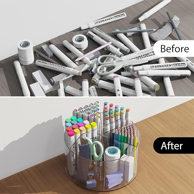 Desk Pen Holder, 360 Degree Acrylic Rotating Pencil Organizer for Kid Crayon Marker, Office Supply Accessory Organizer Rotating Organization for Desktop, Kitchen, Makeup, Vanity