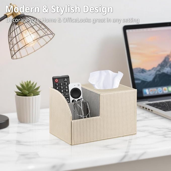 Square Tissue Box Cover with Storage, PU Leather Facial Cube Tissue Holder | TV Remote Control Holder, Desk Accessories Nightstand Organizer, Modern Table Caddy for Bathroom, Bedroom, Home, Office Decor