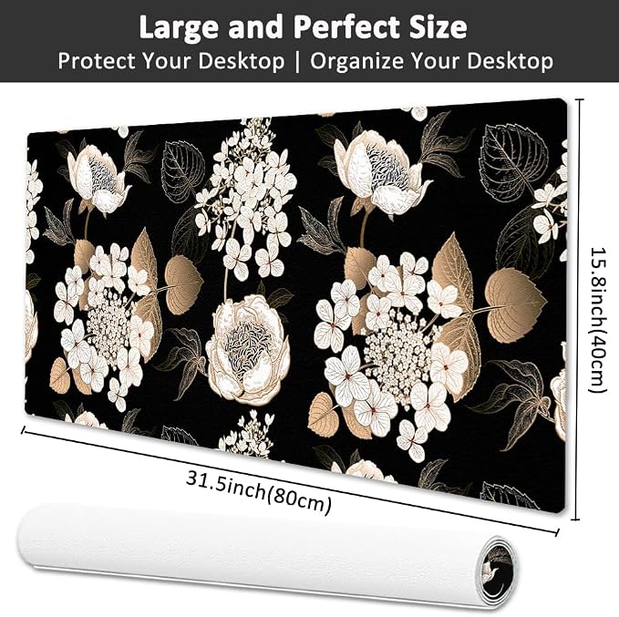 Large Mouse Pad, Desk Mat for Desktop, Dual Side PU Leather Waterproof Gaming Mousepad Desk Pad, Desk Protector Writing Pads Desk Accessories for Office and Home (C-Black Gold Flower, 31.5''X15.8'')