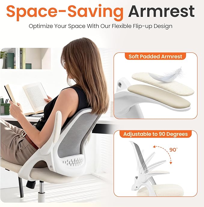 NEO CHAIR Office Chair Computer Desk Chair Ergonomic Gaming Comfy Mesh with Flip-up Arms Lumbar Support Adjustable Height Rolling Wheels for Home Office (Ivory)