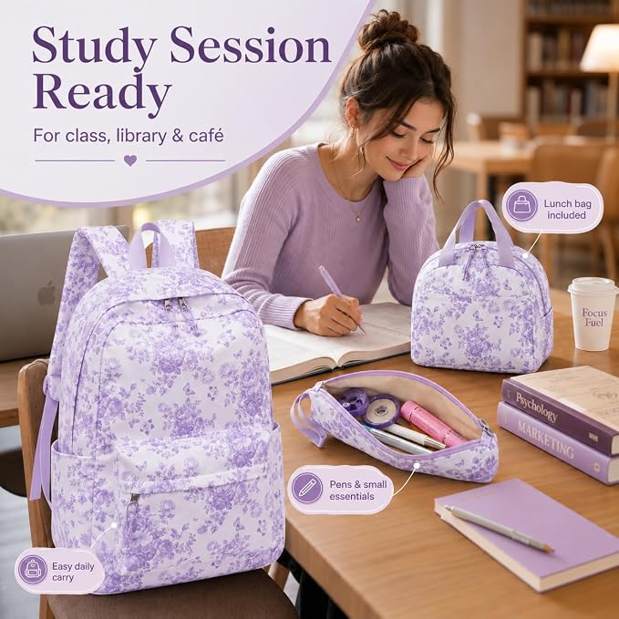Bluboon Teens Backpack Set Girls School Backpack Lunch Box Pencil Bags Student Bookbags 3 in 1 (Purple Floral 277)