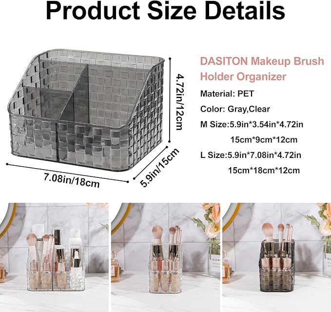 DASITON Makeup Brush Holder Organizer, 4 Slots Acrylic Makeup Brushes Storage Cup, Woven Texture Make Up Brush Holder for Vanity Bathroom Office, Pen Holder for Desk, Cosmetic Display Cases (Grey L)