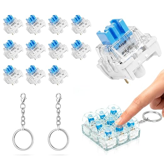 12PCS Keyboard Clickers for 3D Prints, Crisp Clicks, Strong Tactile Bump, Dustproof, 3-Pin Blue Mechanical Keyboard Switches for 3D Printed Clicker Fidget, Extra 2PCS Metal Keychain