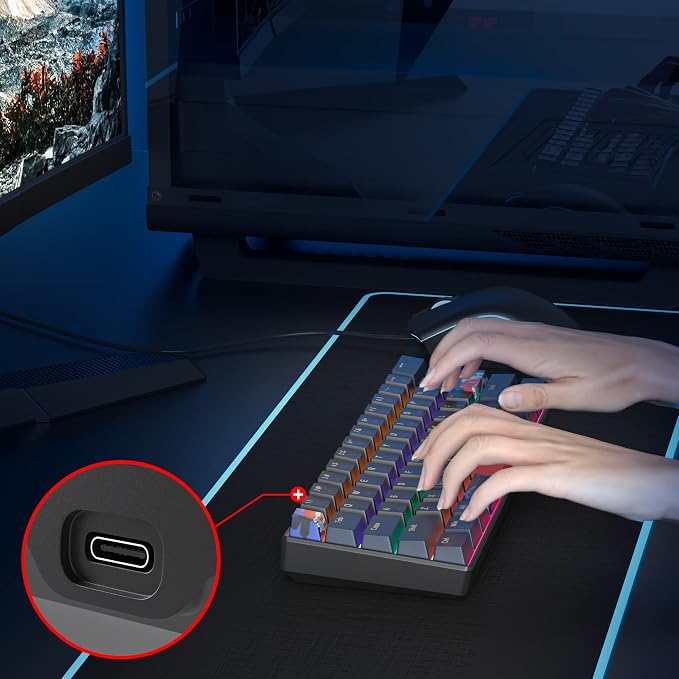 60 Percent Gaming Keyboard Mechanical with Linear Red Switch, 60% Wired Ultra-Compact Mini Keyboard Rainbow with PBT Keycaps for Ps4/Ps5/Xbox(61 Blue)