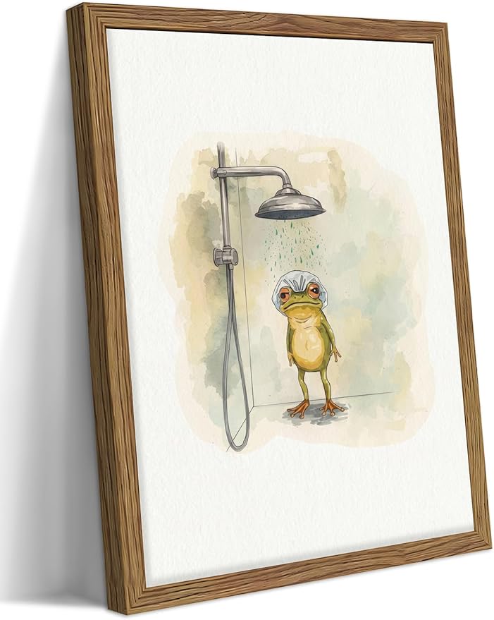 Framed Funny Frog Canvas Wall Art, Cute Frog Showering in Bathroom Canvas Prints, Whimsical Watercolor Cartoon Painting, Modern Minimalist Wall Decor for Bathroom Toilet Washroom 8x10in