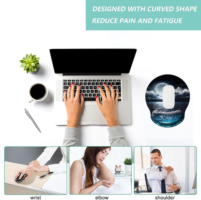 Mouse Pad with Wrist Support, Ergonomic Mouse Pad with Memory Foam Wrist Rest Cushion, Non-Slip Rubber Base Gaming Mice Pad for Home Office Computer Laptop, Moonlit Night