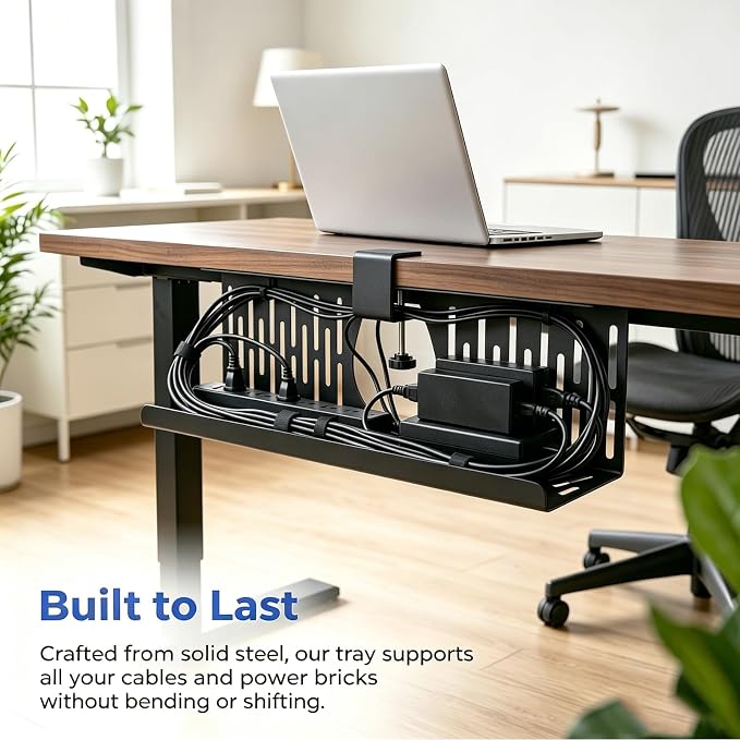 Under Desk Cable Management Tray, Cord Organizer for Desk Cable Management Tray Under Desk with Clamp for Home Office, Standing Desk (2Pack Black)
