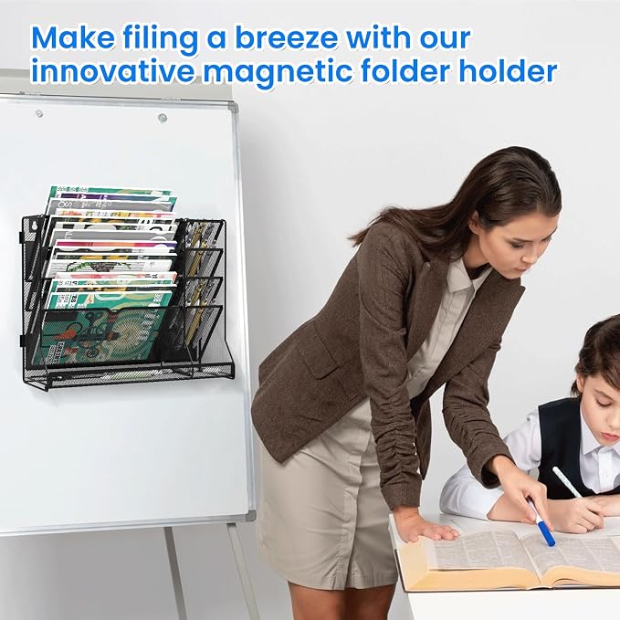 Magnetic File Holder, Magnetic File Organizer, 5-Tier Wall Organizer for Office with 4 Pen Slots, Vertical Hanging File Folder Holder with R-shaped Bottom Tray, Organization for Workspace