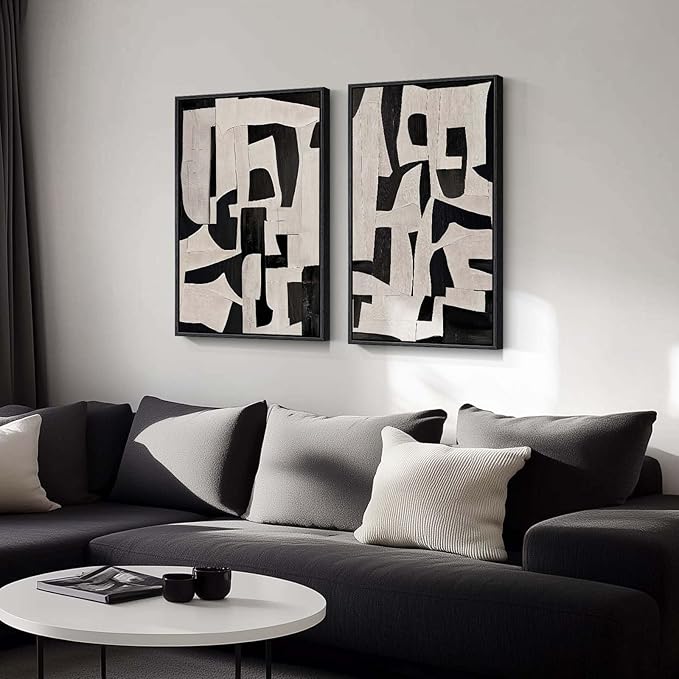 Large Framed Black and Beige Abstract Wall Art, Set of 2 Piece Minimalist Canvas Paintings Artwork for Walls, Modern Art Prints Pictures for Living Room Hallway Dining Room Bedroom Office Wall Decor