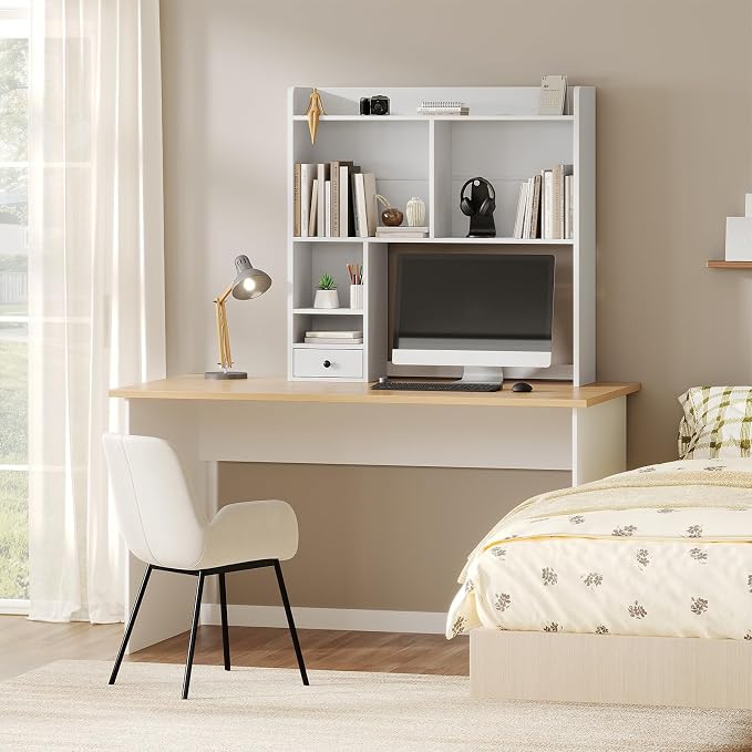 knoworld Desktop Bookshelf for 27" Monitor, Space-Saving Engineered Wood Desk Hutch Organizer with Adjustable Shelves & Drawer, Clutter-Free Tabletop Bookcase for Dorm & Home Office, White