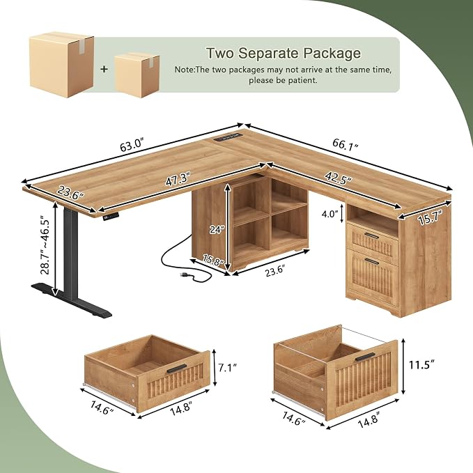 YOMILUVE 66 inch Fluted L Shaped Standing Desk with Storage for Home Office | Corner Electric Standing Desk with Drawers ＆ Storage Shelves, Height Adjustable Computer Desk with Power Outlets, Oak