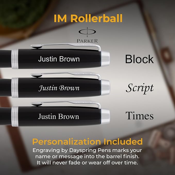 Parker IM Engraved Rollerball Pen, Black with Chrome Trim, Quink Black Ink, Silver Engraving on Cap, Arrow Clip, Gift for Graduation, Career Advancement, Writers, Parker Gift Box