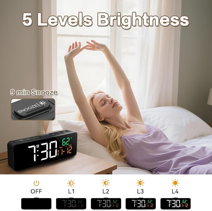 Netzu 3-in-1 Digital Clocks for Living Room, Small & Compact Alarm Clock | Temperature, Date & Time Display, 4 Birghtness, 3 Volumes, Plug-in, for Bedroom, Office