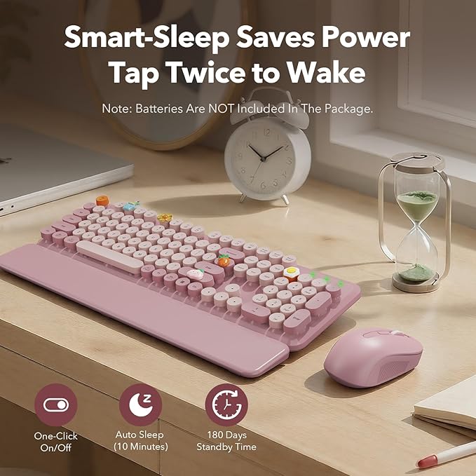 Wireless Keyboard and Mouse Combo, Round Keycaps, Full-Size Typewriter-Style Keyboard with Detachable Wrist Rest, Tilt Legs & 3-Level DPI Mouse, 2.4GHz Cordless for Windows PC/Laptop (Dusty Rose)