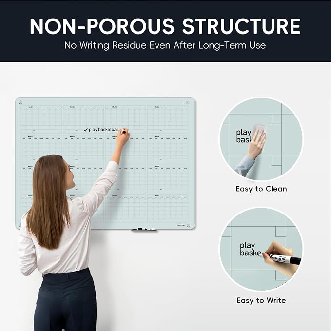 Magnetic Glass Yearly Calendar Whiteboard - Glass Dry Erase Board 48"x36" Large Frameless Glass Board for Walls Office School and Home
