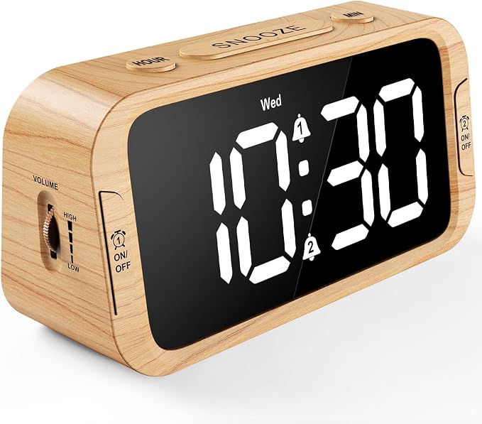 Odokee Digital Dual Alarm Clock for Bedroom with 0-100% Dimmable Display | Easy Alarm Clock with Weekday/Weekend Mode - Loud Alarm for Heavy Sleepers with 5 Sounds Adjustable Volume - Wood Grain