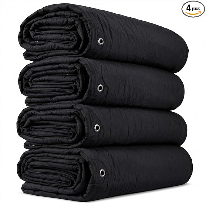 US Cargo Control 80" x 72" Large Sound Dampening Blanket with Grommets (4-Pack), Light Blocking Acoustic Blanket for Wall Hanging and Studios, Machine Washable, 9 LBS