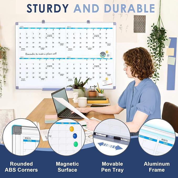 MAKELLO Large Dry Erase Calendar for Wall 36" x 24", Quarterly, 4 Months | Magnetic, Wall Mount, Smooth Writing, Dry Erase Wall Calendar, Monthly Calendar Whiteboard, Home, Family Planning, Bedroom