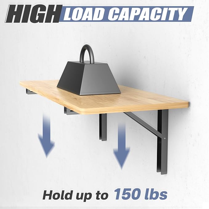 WALMANN 16 inch Folding Wall Shelf Brackets, Wall-Mounted Collapsible Brackets for Workbench/Table, 150 lbs Capacity, Space-Saving Hinges for Garage, Kitchen, Laundry(No Board)