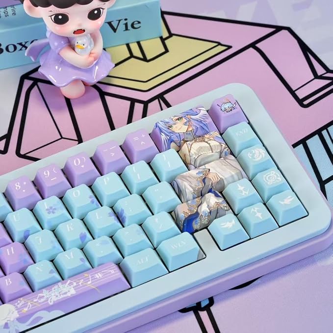 Japanese Anime Keycaps, Cherry Profile PBT Keycap 130 Keys, Blue and Purple Custom Key Cap Dye-Sub Manga Key Caps Set for 60% 65% 75% 100% Gateron Mechanical Keyboard