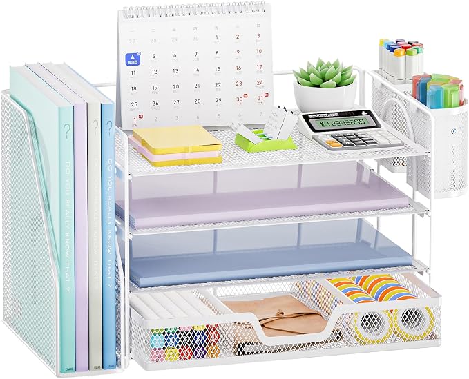 Marbrasse 4-Tier Paper Tray Organizer with Drawer and Pen Holder, White | Metal Mesh Desk Organizer, Built-in Drawer & 2 Pen Slots, fits letters/Files, for School Home Office Supplies