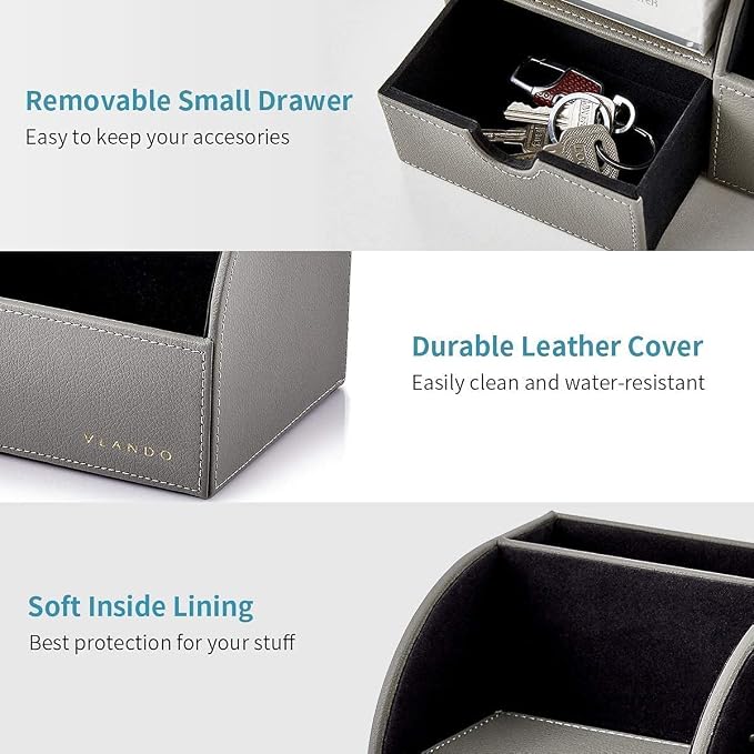 VLANDO Office Desk Organizer Leather Desktop Organizer Caddy with Drawer for Storing Desktop Supplies and Accessories (Grey Set)