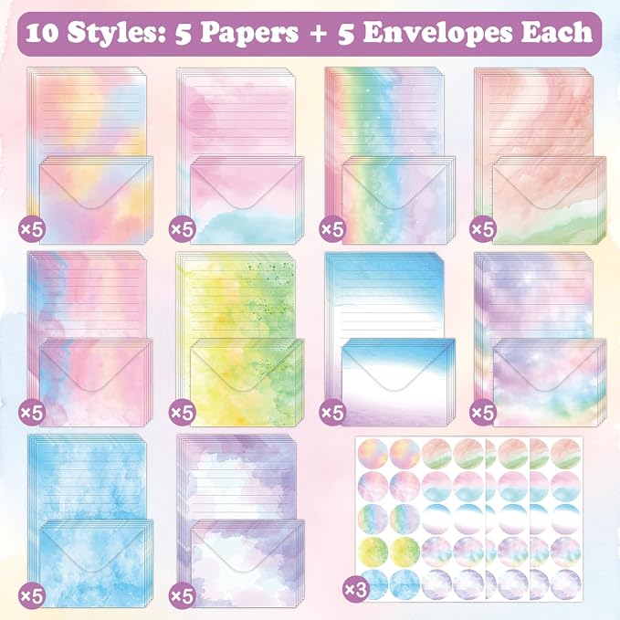 FUNCLASS 160 Pcs Stationery Set Letter and Envelopes – 50 Lined Stationery Paper and 50 Matching Envelopes, 5.5 x 8.25 Inches Letter Writing Stationery for Home, Office, School (Watercolor-B)