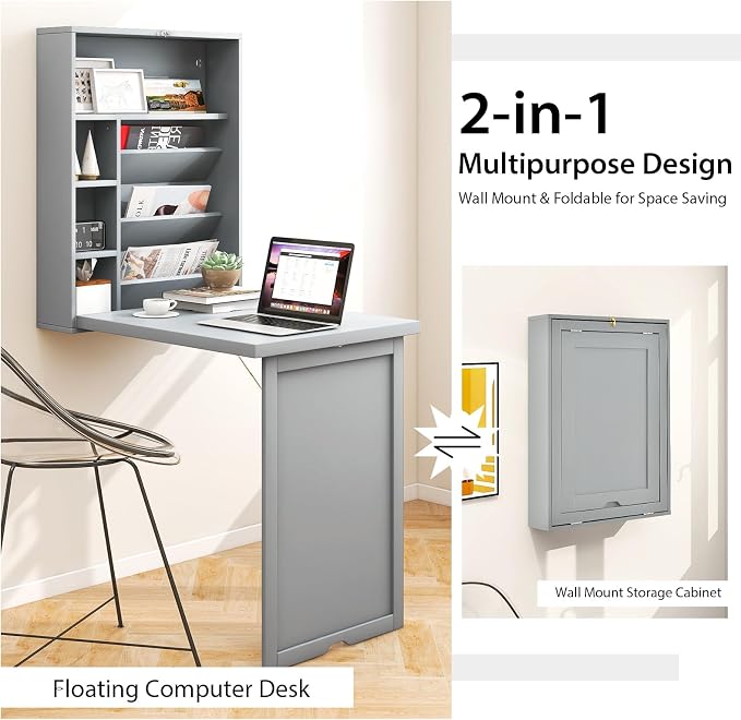 Wall Mounted Desk, Wood Collapsible Floating Desk, Convertible Computer Desk with Storage Area, Hanging Fold Out Table for Home Office, Small Spaces (Grey)