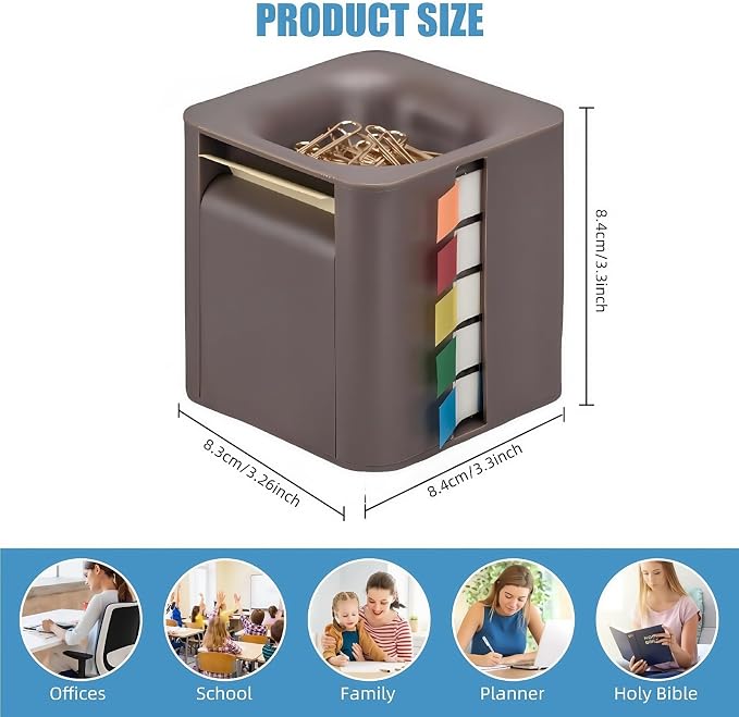 5-in-1 Sticky Note Holder and Dispenser with Magnetic Paper Clip Holder, 3x3 Pop-Up Note and Annotation Labels, Full Adhesive Note Roll Desktop Organizer for Office, Study Room (Brown)