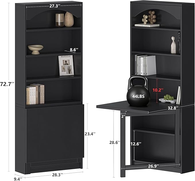 Folding Desk with Storage, Space-Saving Foldable Convertible Writing Table, Wall Mount Fold Out Computer Desk for Home Office, Craft Room, Living Room, Bedroom, Black