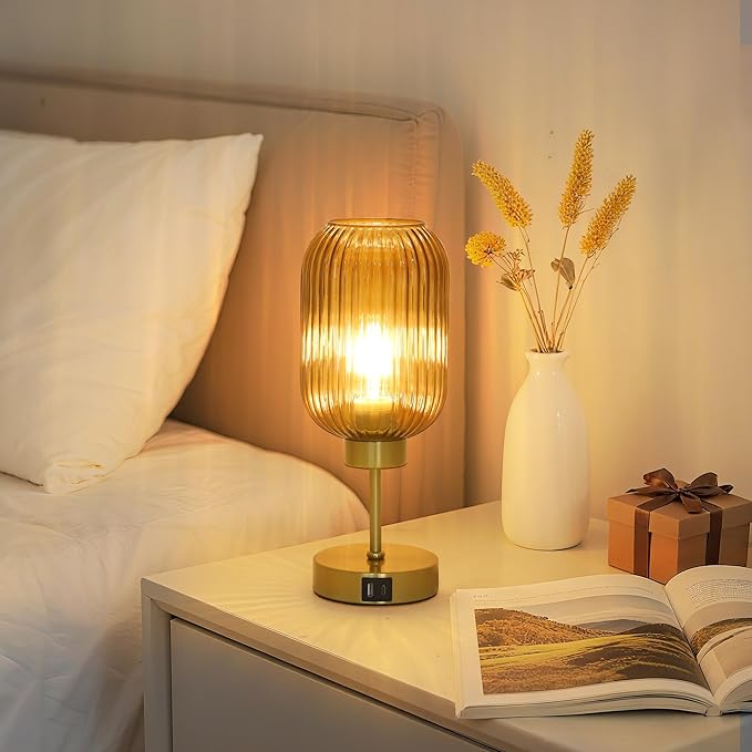 LAMSU Vintage Gold Touch Table Lamp, Small Desk Lamp with Amber Glass Shade, Bulb, Charging Port, Mid Century Modern Bedside Lamp, 3 Way Dimmable Nightstand Lamp for Bedroom Living Room Home Office