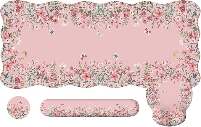 iCasso Desk Mat Set,Large Mouse Pad with Wrist Rest, Back to School Ergonomic Keyboard Wrist Support for Women,Girly Floral Computer Mat with Scalloped Edges,Non-Slip Desk Pad Home Office(Pink)