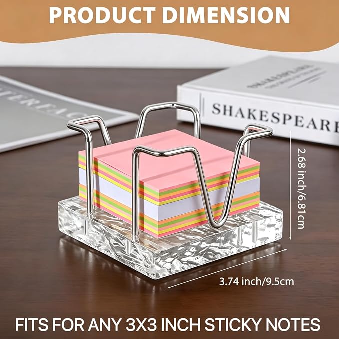 Sticky Note Holder, 3 x 3 inch Self Stick Note Pad Holder, Post It Note Dispenser Desk Accessories for School and Office Desk Organizer, Silver & Clear Acrylic
