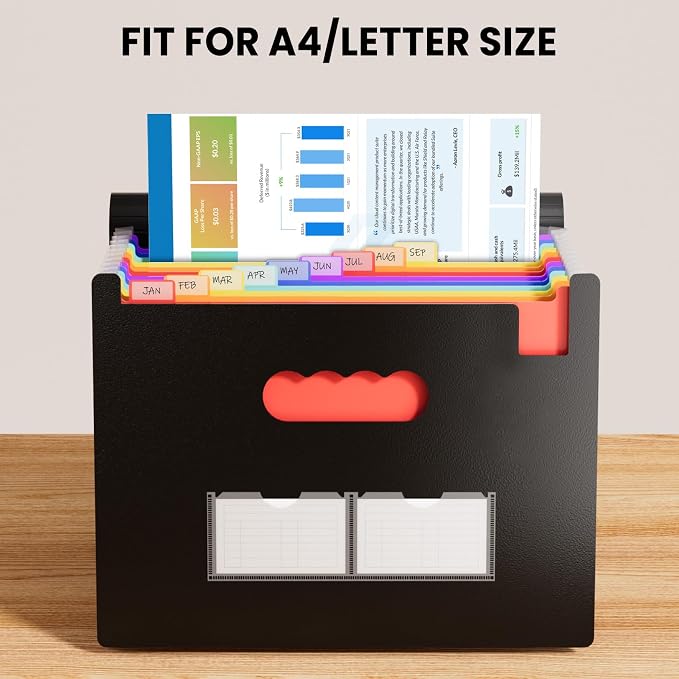 Sooez Accordion File Organizer, 13 Pockets Expanding File Folder, Portable Monthly Paper Bill Tax Receipt Organizer, Letter A4 Size Document Holder with Blank Labels, White
