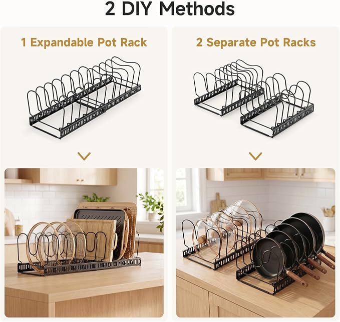 MUDEELA Pot Lid Organizer for Cabinet, Expandable Baking Pan Rack 10 Slots | 11.8–22.9" Expandable, 10 Adjustable Divider, Tool-Free Assembly, Non-Slip, Scratch-Proof, For Pan Lid Cutting Board Bakeware